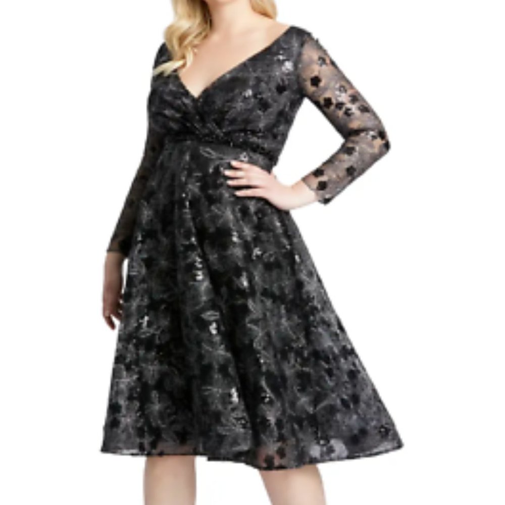 MAC DUGGAL LONG SLEEVE SEQUIN LACE MIDI COCKTAIL BLACK DRESS sz 12
